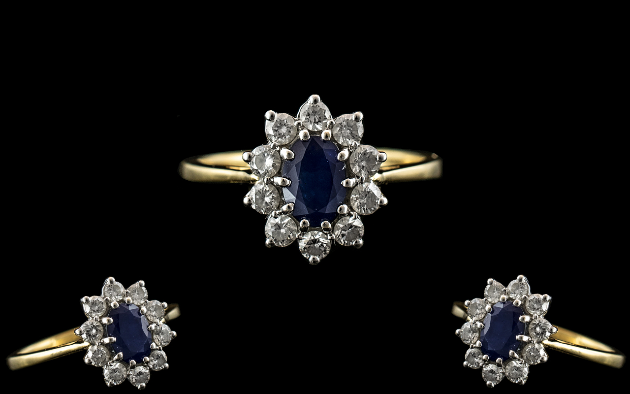 Ladies 18ct Gold - Attractive Sapphire and Diamond Set Cluster Ring, Flower head Design.