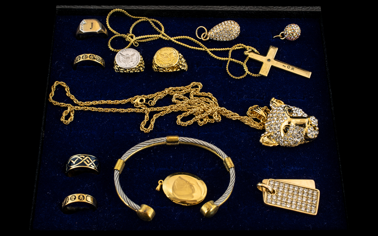 Collection of Assorted Gold Plated Jewellery, Includes Rings, Bangle and Pedant Drops, One Gold on