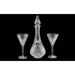 Stuart Crystal Decanter with Two Glasses Hobnail and Floral engraved.