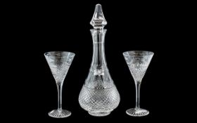 Stuart Crystal Decanter with Two Glasses Hobnail and Floral engraved.
