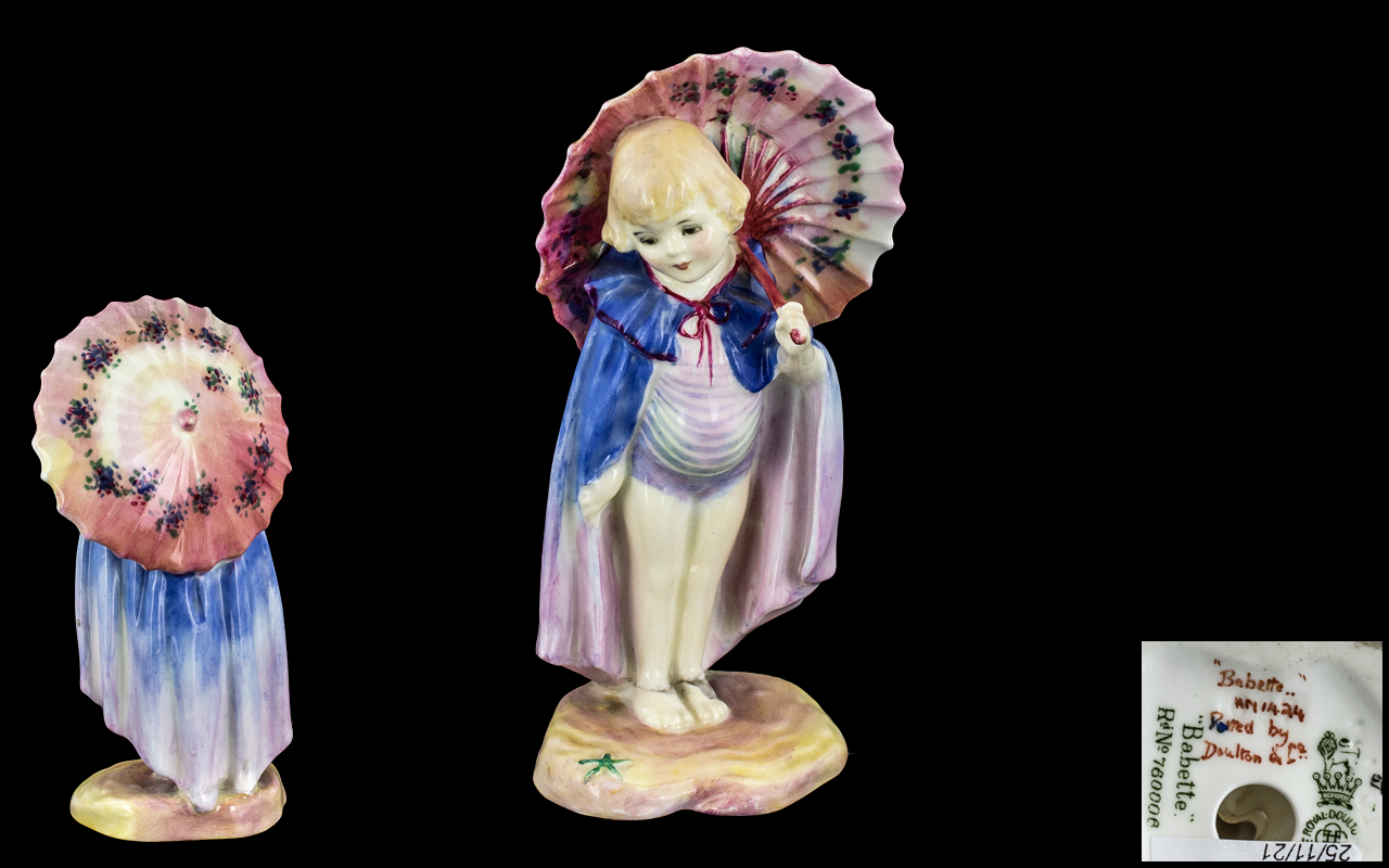 Royal Doulton - Early Hand Painted Figurine ' Babette ' Colour Blue. HN1424. Designer L. Harradine.