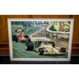 Large Oil Painting of Le Mans Race, depicting two racing cars on the track.
