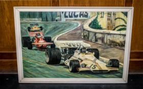 Large Oil Painting of Le Mans Race, depicting two racing cars on the track.
