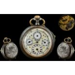 A Swiss Triple Calendar Chronograph Pocket Watch the enamelled dial with day, date,