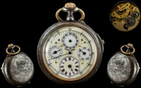 A Swiss Triple Calendar Chronograph Pocket Watch the enamelled dial with day, date,
