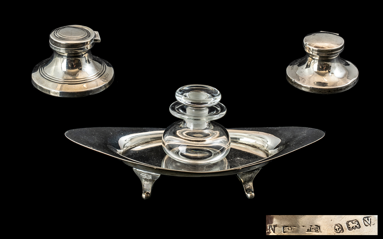 Edwardian Period Sterling Silver Stand - Raised on Four Feet, With Glass Inkwell.