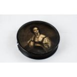 Antique Russian lacquer box, depicting an elegant lady. Box of circular form, 3.5" diameter.