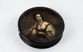 Antique Russian lacquer box, depicting an elegant lady. Box of circular form, 3.5" diameter.