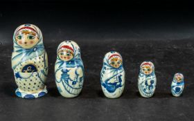 Russian Matryoshka Doll, five graduating doll figures of typical form, signed to the base.