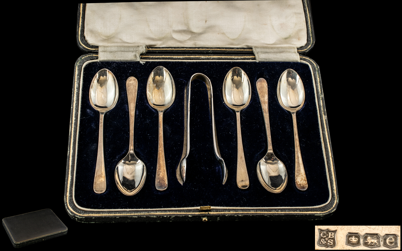 George V Period Boxed Set of ( 6 ) Sterling Silver Spoons and Matching Pair of Sugar Tongs.