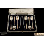 George V Period Boxed Set of ( 6 ) Sterling Silver Spoons and Matching Pair of Sugar Tongs.