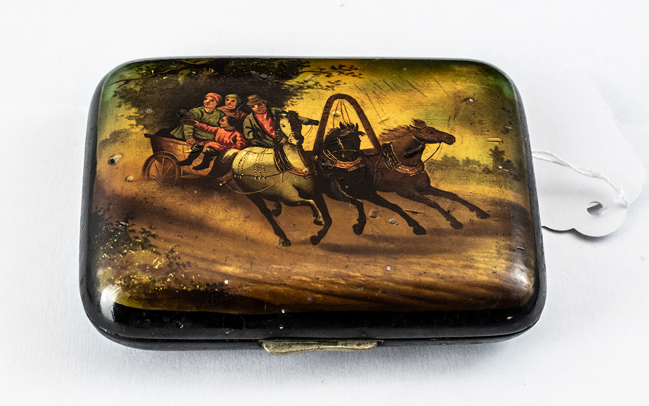 Antique Russian lacquer box, Young people on a troika.