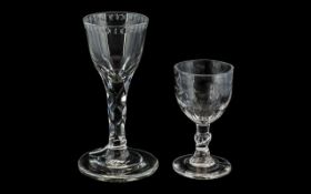 Two Small Antique Wine Glasses, one with an etched bowl, the other with a faceted stem, 5.5