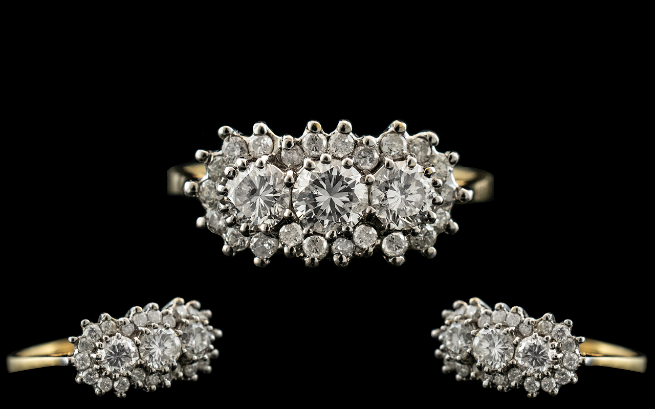 Ladies - 18ct Gold Excellent Quality 3 Stone Diamond Set Cluster Ring, Excellent Design.