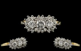 Ladies - 18ct Gold Excellent Quality 3 Stone Diamond Set Cluster Ring, Excellent Design.