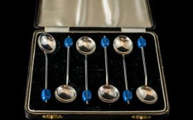 Box of Solid Silver Set of ( 6 ) Cocktail Spoons, In Original Brown Case,