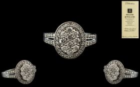 18ct White Gold - Superb Quality Diamond Set Cluster Ring with Round Wire Scroll Designed Bezels (