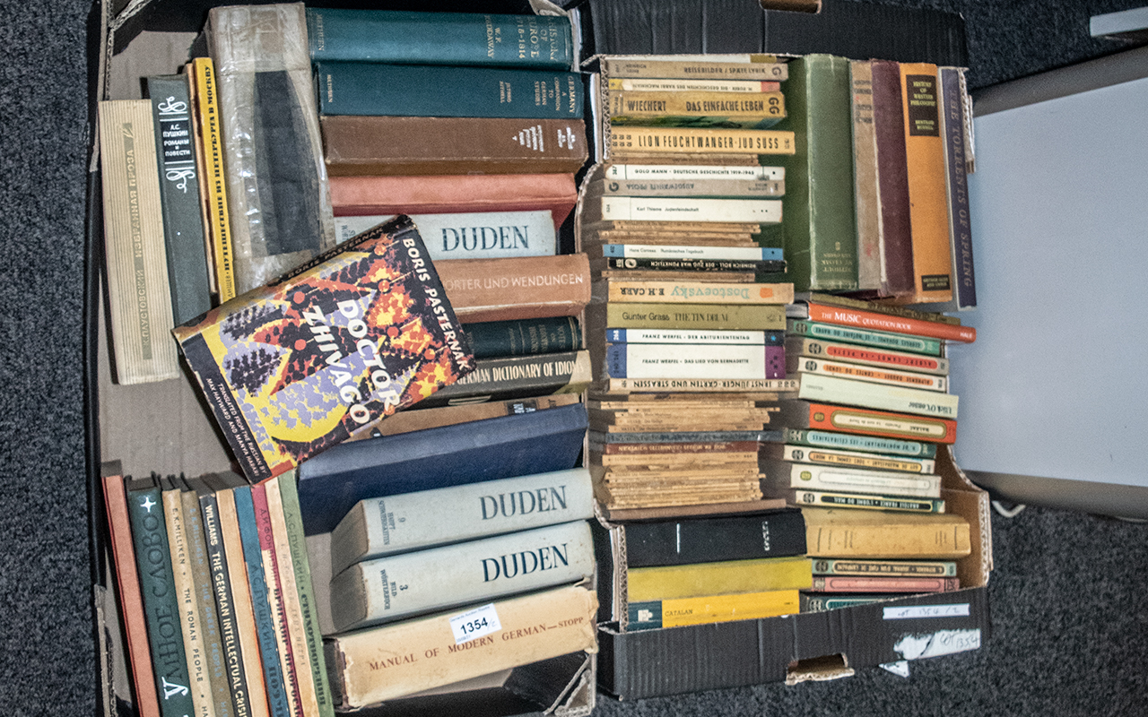 Two Boxes of Miscellaneous Books, Russian & German Interest, novels and history commentary.