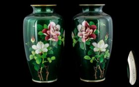Pair of Japanese Ando Cloisonne Vases of fine quality, decorated, on a green ground,