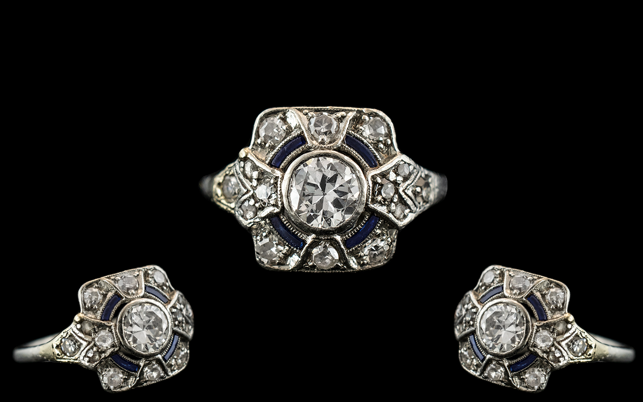 Edwardian Period 1902 - 1910 Attractive Platinum Pave Set Diamond and Sapphire Dress Ring. Beautiful