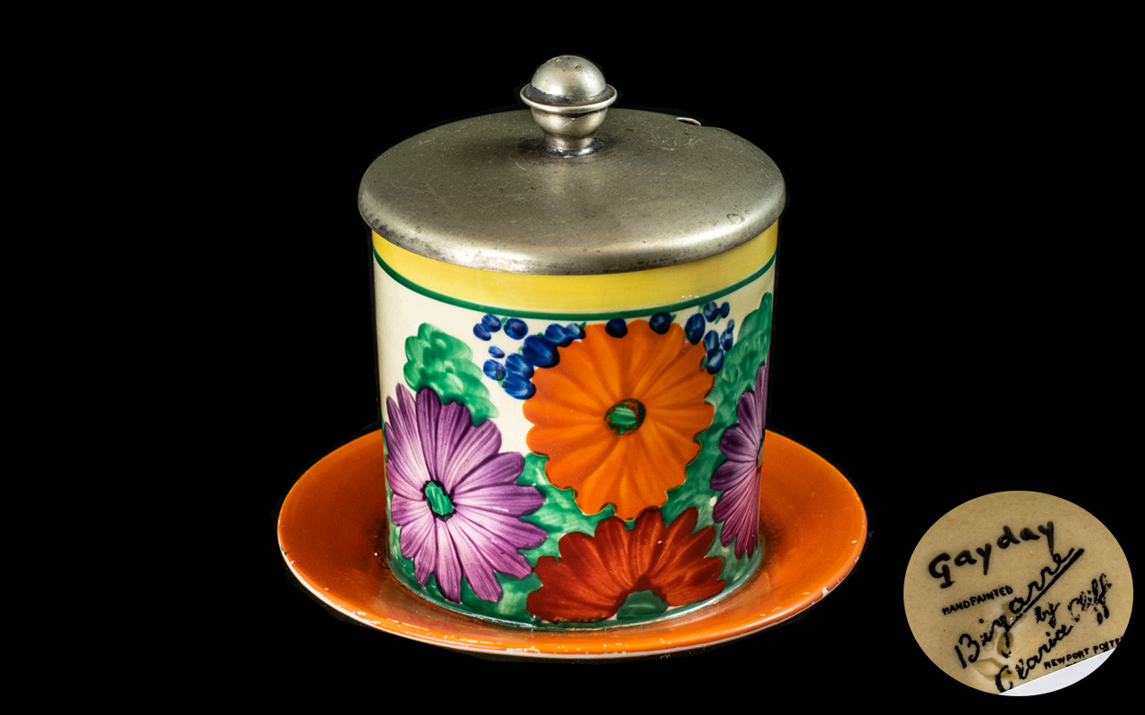 Clarice Cliff ' Gay Day ' Bizarre Range Lidded Pot With Attached Saucer. Full Stamps to Base.