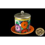 Clarice Cliff ' Gay Day ' Bizarre Range Lidded Pot With Attached Saucer. Full Stamps to Base.