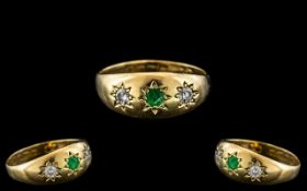 Antique Period 18ct Gold - Attractive 3 Stone Emerald and Diamond Set Dress Ring.