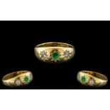 Antique Period 18ct Gold - Attractive 3 Stone Emerald and Diamond Set Dress Ring.