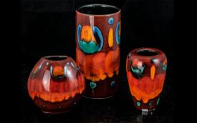 Poole Pottery Set of Delphis Vases ( 3 ) In Total. Full Stamps to Bases. Heights 5, 4.5 & 6 Inches.