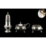 George VI Sterling Silver ( 3 ) Piece Cruet Set of Solid Construction With Liners.