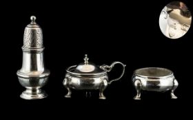 George VI Sterling Silver ( 3 ) Piece Cruet Set of Solid Construction With Liners.