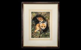 Original Watercolour of Foxes In Den. Nice Quality Watercolour of Foxes In Den, Signed and Dated