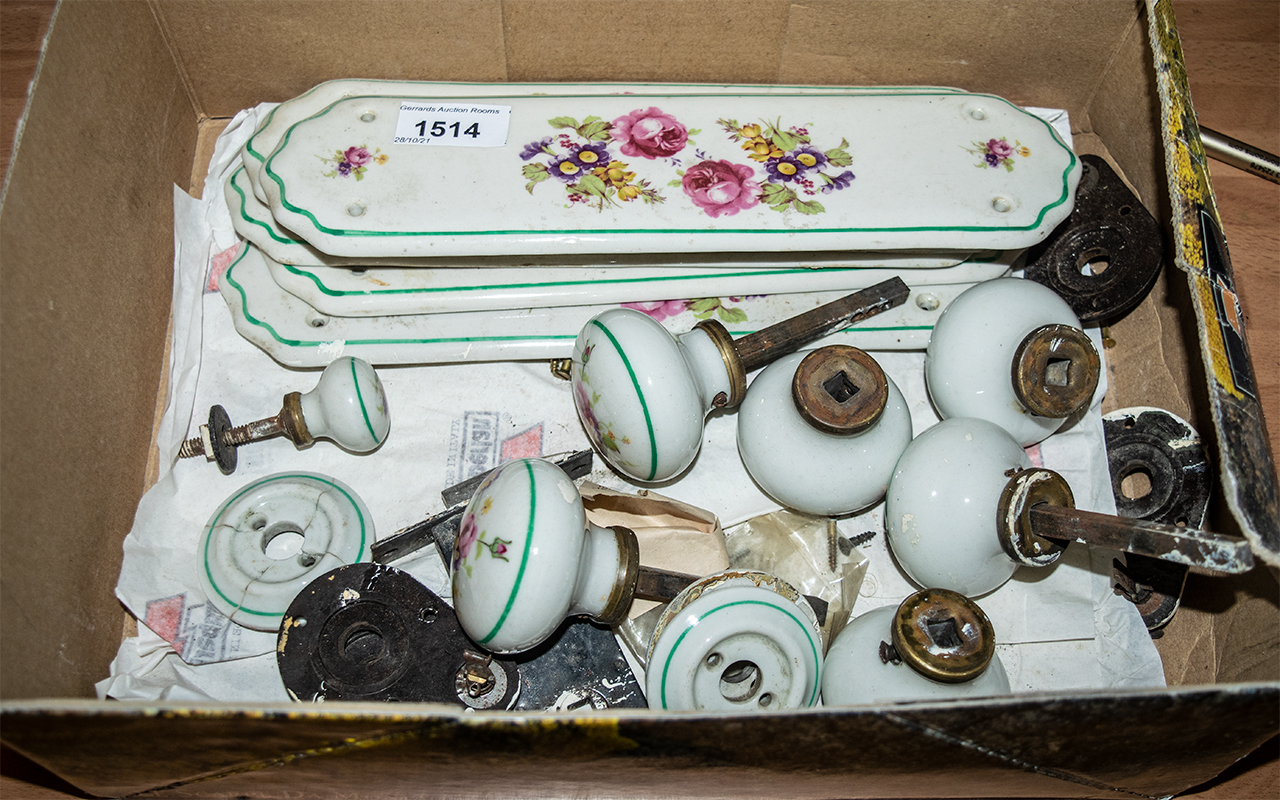 Collection of Vintage Porcelain Door Plates and Matching Porcelain Door Knobs, floral design on