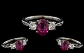 18ct White Gold - Attractive Contemporary Ruby and Diamond Set Dress Ring.