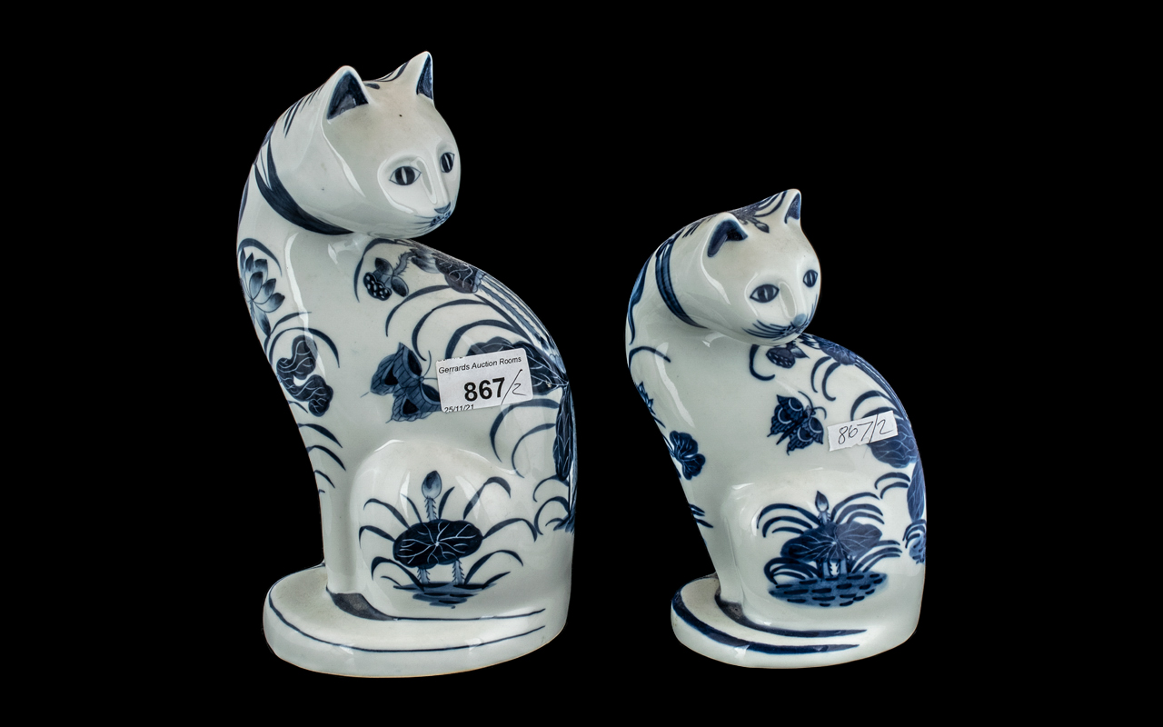 Two Blue and White Porcelain Thai Cats,