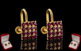 Ladies - Superb Pair of 18ct Gold Ruby Set Earrings of Square Form. The Rubies of Excellent Rich Red