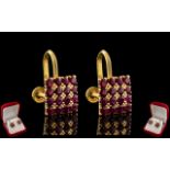 Ladies - Superb Pair of 18ct Gold Ruby Set Earrings of Square Form. The Rubies of Excellent Rich Red