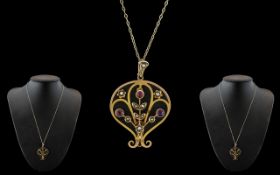 Antique 9ct Gold Art Nouveau Pendant Suspended on 9ct Gold Necklace.