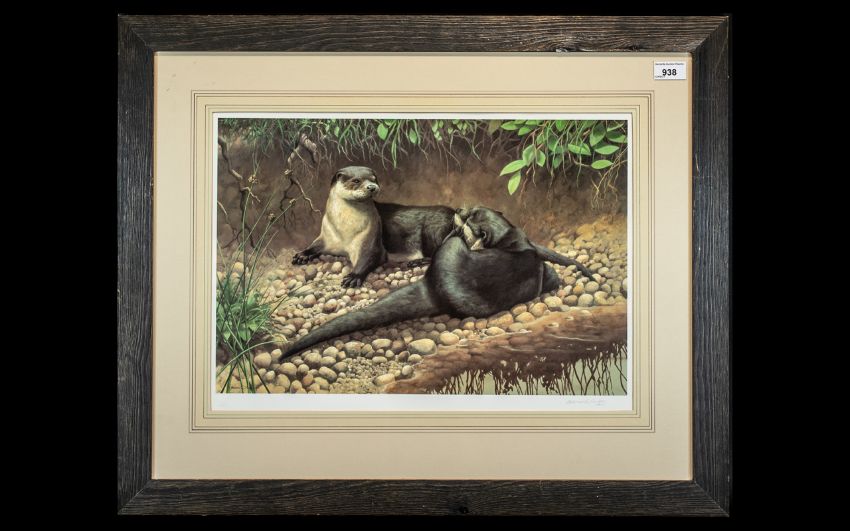 Adrian Rigby: Large Signed Print of Otters Playing on a Riverbank, signed in pencil, bottom right,