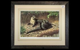Adrian Rigby: Large Signed Print of Otters Playing on a Riverbank, signed in pencil, bottom right,