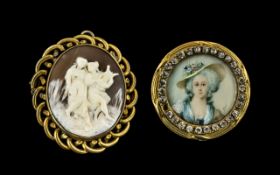 Victorian Cameo Depicting The Muses, housed in a gilt metal frame, plus a round ivory brooch,