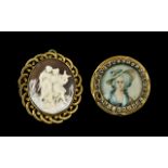 Victorian Cameo Depicting The Muses, housed in a gilt metal frame, plus a round ivory brooch,