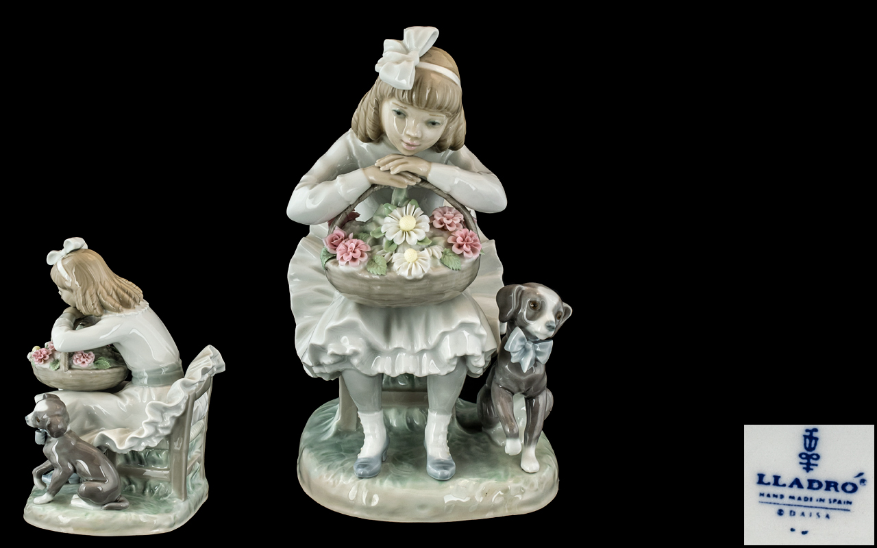 Lladro Figure No. 1088, depicting a Lladro Girl Sitting In Chair With Flower Basket And Dog.