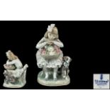 Lladro Figure No. 1088, depicting a Lladro Girl Sitting In Chair With Flower Basket And Dog.