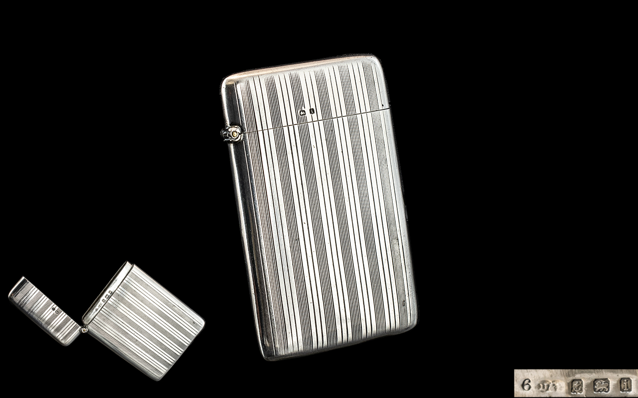 Edwardian Period Excellent Quality - Sterling Silver Regency Striped Decorated Hinged Card Case of