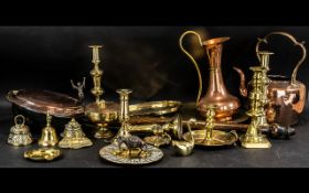 A Collection of Assorted Brass Ware and Copper to include kettles, candlesticks, dishes,