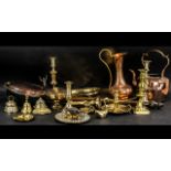 A Collection of Assorted Brass Ware and Copper to include kettles, candlesticks, dishes,