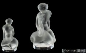 Lalique Paris - Signed Acid Finished Glass Moulded Figure of a Naked Maiden With a Swan.