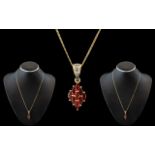 Ladies - Attractive Garnet and Diamond Set Pendant Drop - With Attached 9ct Gold Chain.