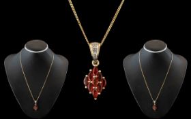 Ladies - Attractive Garnet and Diamond Set Pendant Drop - With Attached 9ct Gold Chain.